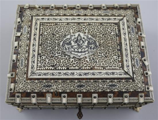 An early 20th century Indian ivory mounted tortoiseshell jewellery casket, 10.5in.